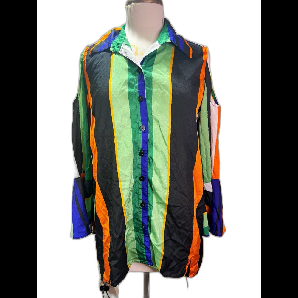 Mischa Blouse Size M Women's Y2k Cold Shoulder Striped Boss Lady Indie Sleaze